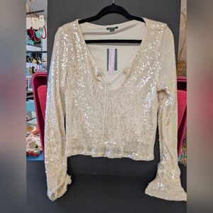 Sequin Crop Top  Bell Sleeves Off White Sequin Size L NWT